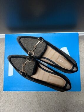 Kelly & Katie Black Tweed Pointed Loafers with Gold Horsebit